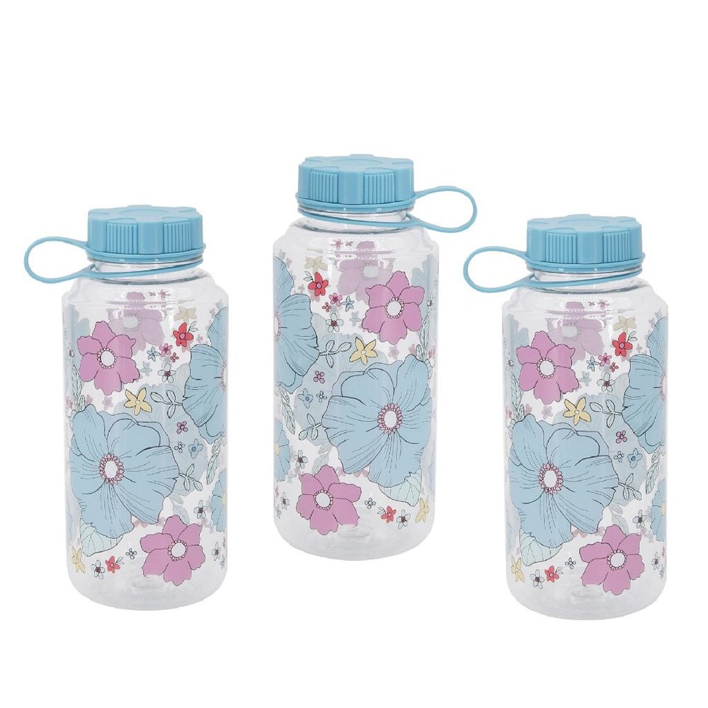 Set of 3 Wild Sage BLUE SKY DIVER FLORAL 32 oz. Wide-mouth Water Bottles w/ Lids